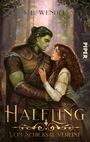 „S. E. Wendel, Roman, Halfling, Vom Schicksal vereint, Piper.“ Illustration eines grünen Mannes mit Elfenohren und Frau im Wald.