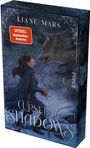"Oberer Text: Liane Mars. Mittig: SPIEGEL Bestseller-Autorin. Unten: Cursed by Shadows. Eine Frau hält ein Schwert vor einem Wolf."