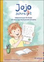 "Jojo schreibt. Selbstvertrauen für Kinder mit einer Lese-Rechtschreib-Schwäche." Kind hält stolz ein Blatt Papier.