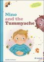 "Nino and the Tummyache" in großen Buchstaben. Ein Junge im blauen Pullover, umgeben von Sternen und einem kleinen Monster.