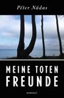 "Péter Nádas, Meine Toten Freunde, Rowohlt"; Silhouetten von Bäumen vor einem bewölkten Himmel und Meer.