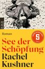 Text: "Roman", "See der Schöpfung", "Rachel Kushner", "SPIEGEL Buchpreis 2025 Platz 1". Illustration: Frau liegt auf steinigem Boden.