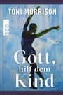 "Gott, hilf dem Kind" von Toni Morrison. Eine stilisierte, schattierte Figur vor einem blauen Hintergrund.