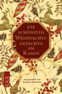 Text: "DIE SCHÖNSTEN WEIHNACHTSGEDICHTE AM KAMIN" und "Ausgewählt von Barbara Mürmann". Illustration mit goldenen Rentieren, Tannenzapfen, roten Beeren und bunten Ornamenten.