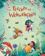 „Feechen mit Wehwehchen“ in roter Schrift, umgeben von fröhlichen Feen und Blumen in leuchtenden Farben.