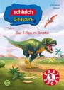 "Der T-Rex im Dinotal". Ein T-Rex läuft durch eine prähistorische Landschaft mit Vulkanen und Flugsauriern am Himmel.