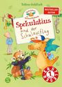 „Spekulatius und der Schulausflug“. Ein Drache mit Rucksack und rotes Pandatier. Bunte, fröhliche Illustration.