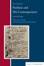 „Yuri Tynianov: Pushkin and His Contemporaries“. Skizzenhafte Porträts und handschriftliche Notizen auf beigem Papier.
