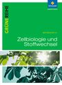 "Zellbiologie und Stoffwechsel" steht auf grünem Hintergrund. Oben ein Logo, unten Sonnenlicht durch Blätter.