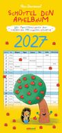 „Schüttel den Apfelbaum 2027“ ist ein Familienplaner. Illustration: Ein Baum mit Äpfeln, Igel, Tabelle für Termine.