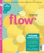 "flow" in großen rosa Buchstaben, blauer Kreis mit "100. AUSGABE". Illustration einer Person, die gelbe Kreise betrachtet.
