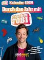 "Kalender 2028", "Durch das Jahr mit Checker Tobi". Illustration mit Radios, Reiterin und mehr.