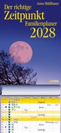 Ein Kalender mit dem Titel "Der richtige Zeitpunkt Familienplaner 2028". Darunter ein lila Vollmond am Himmel.