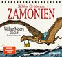 "Schöne Grüße aus ZAMONIEN. Walter Moers 2028 Postkartenkalender. Illustration eines fliegenden Wesens mit einer kleinen Figur darauf."