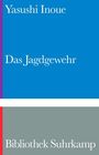 "Yasushi Inoue", "Das Jagdgewehr", "Bibliothek Suhrkamp". Farben: Blau, Grau. Klarer, minimalistischer Stil.