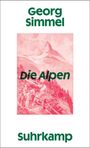 "Georg Simmel, Die Alpen, Suhrkamp." Illustration eines Gebirges mit Wanderern in Rot- und Rosatönen.