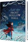 "Nacht über Frost Hollow Hall" von Emma Carroll. Eine Figur in rotem Mantel auf einem gefrorenen See, im Hintergrund ein Schloss.