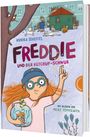 "Freddie und der Ketchup-Schwur" von Annika Scheffel. Illustration: Mädchen mit Brille, Fischglas, viele Katzen.