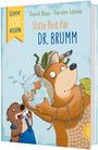 Kinderbuchcover mit Titel: "Stille Post für Dr. Brumm". Ein Bär hält ein Goldfischglas. Ein Biber schaut überrascht.