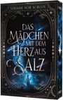 Text: "Stefanie vor Schulte, Das Mädchen mit dem Herz aus Salz." Illustration: Ein Kind vor einem glitzernden, blauen Hintergrund.