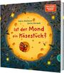 Titel: "Ist der Mond ein Käsestück?" von Sabine Bohlmann und Emilia Dziubak. Eine Maus schaut aus einem großen, gelben Käse-Mond.