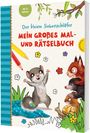 "Ab 4 Jahren. Der kleine Siebenschläfer. Mein großes Mal- und Rätselbuch." Fröhliche Tiere, Blumen, Zweige, Buntstifte.