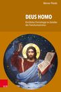 "DEUS HOMO: Kirchliche Christologie im Zeitalter des Transhumanismus. Illustration von Jesus mit Buch und Heiligenschein."