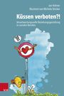 „Küssen verboten?!“ Illustration mit Straßenschild, Herz und Fragezeichen auf blauem Hintergrund.