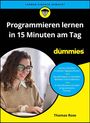 „Programmieren lernen in 15 Minuten am Tag“ von Thomas Rose. Ein blaues und gelbes Design mit einer lächelnden Frau am Laptop.