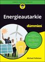 Texte: „Lernen einfach gemacht“, „Energieautarkie für dummies“, „Energiesparmöglichkeiten entdecken“. Drei Personen halten Symbole für erneuerbare Energie.