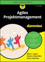 Aufschrift: "Agiles Projektmanagement für Dummies." Oben ein gelbes Logo, darunter bunte Personen laufen eine Pfeilrampe hinauf.