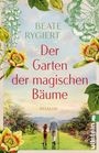 „Der Garten der magischen Bäume“ von Beate Rygiert. Illustration von Pflanzen, Kind und älterem Mann auf grünem Feld.