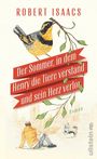 "Der Sommer, in dem Henry die Tiere verstand und sein Herz verlor" steht auf rotem Band, darüber ein Vogel und darunter ein Mann im Park mit Hund.