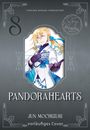 Text: "Carlsen Manga präsentiert", "8", "PandoraHearts", "Jun Mochizuki", "vorläufiges Cover".  
Illustration: Figur mit blondem Zopf in schicker Kleidung.