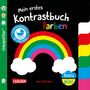 „Mein erstes Kontrastbuch Farben“. Ein Regenbogen mit Wolken. Text: „Unkaputtbar“, „Carlsen“, „Igor Dolinger“, „Baby Pixi“.