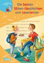 "Die besten Silben-Geschichten zum Lesenlernen". Zwei Kinder interagieren, eines sitzt, eines steht mit Schulrucksack.