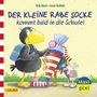 "Der kleine Rabe Socke kommt bald in die Schule!" Ein Rabe mit Schulranzen und Schultüte neben einer Maus mit Schultüte.