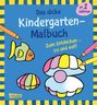 "Das dicke Kindergarten-Malbuch", "Zum Entdecken – zu und auf!", "ab 2 Jahren". Illustration: Muscheln, Fisch, Buntstifte.