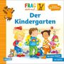 Texte: "FRAG doch mal... Der Kindergarten", "Erstes Sachwissen", "Mit vielen Klappen", "Ab 2 Jahren". Illustration von Kindern in einer Garderobe.