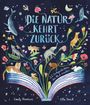 Text: "Die Natur kehrt zurück. 12 Sachgeschichten, die Mut machen." Illustration: Tiere und Pflanzen, die aus einem Buch erwachsen.