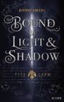 „Bound by Light & Shadow“ von Justine Ahlers. Dunkler Hintergrund mit floralen Mustern und Lichtstrahl.