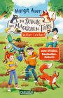 Text: "Margit Auer, Die Schule der magischen Tiere - Voller Löcher!, Dein SPIEGEL Bestseller-Autorin". Illustration: Kinder, Tiere.