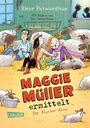 "Maggie Müller ermittelt: Der Klunker-Klau". Illustration vieler Schafe, drei Personen schauen nachdenklich, zwei Schatten.