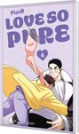 "LOVE SO PURE 4" in großer Schrift. Zwei gezeichnete Männer, einer umarmt den anderen unter einem rosa Schal.