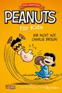 "Neue Abenteuer. Peanuts für Kids. Gib nicht auf, Charlie Brown!" Illustration: Charlie Brown fällt rückwärts, Lucy mit Football.