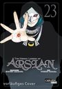 „The Heroic Legend of Arslan 23“. Person mit Maske, Kapuze, hebt Hand mit rotäugigem Symbol.
