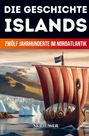 „DIE GESCHICHTE ISLANDS“, darunter „ZWÖLF JAHRHUNDERTE IM NORDATLANTIK“, „SKRIUWER“. Wikingerboot, Eisberg im Hintergrund.