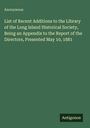 Text: "Anonymous. List of Recent Additions to the Library of the Long Island Historical Society, Presented May 10, 1881." Unten rechts: "Antigonos." Hintergrund: Dunkelgrün.