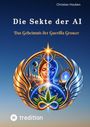 „Die Sekte der AI“ und „Das Geheimnis der Guerilla Grower“, zwei fusionierte Gesichter, Erde, Blätter, Flügel, futuristischer Stil.