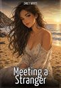 "Emily White. Meeting a Stranger." Eine Frau mit langen Haaren sitzt in einem Kleid am Strand, Sonnenuntergang im Hintergrund.